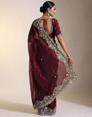 Maroon Color Embroidery Work Of Beads & Sequins Work Fendy Satin Silk Blend Saree 3
