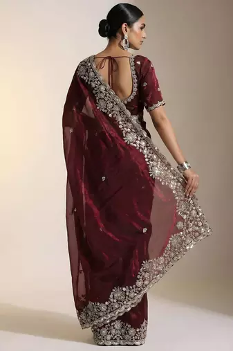 Maroon Color Embroidery Work Of Beads & Sequins Work Fendy Satin Silk Blend Saree