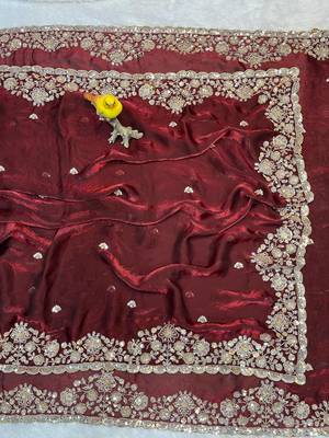 Maroon Color Embroidery Work Of Beads & Sequins Work Fendy Satin Silk Blend Saree 5