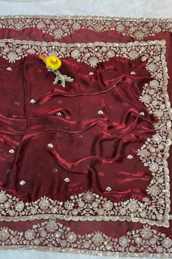 Maroon Color Embroidery Work Of Beads & Sequins Work Fendy Satin Silk Blend Saree