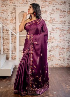 pink embroidered tussar silk blend hand embroidery all seasons sarees 3
