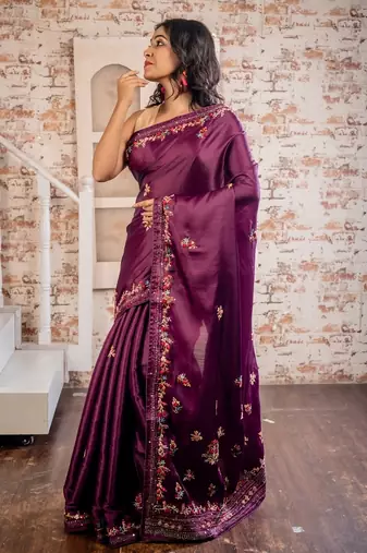 pink embroidered tussar silk blend hand embroidery all seasons sarees