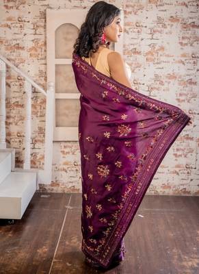 pink embroidered tussar silk blend hand embroidery all seasons sarees 4