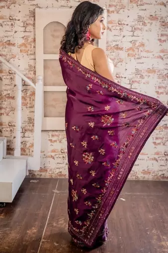 pink embroidered tussar silk blend hand embroidery all seasons sarees