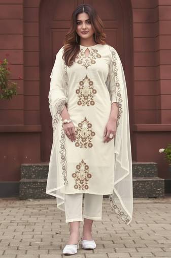 Off white rayon slub embroidered festive wear salwar kameez
