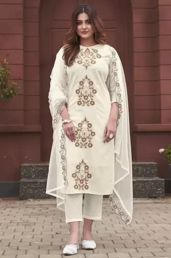 Off white rayon slub embroidered festive wear salwar kameez