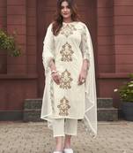 Off white rayon slub embroidered festive wear salwar kameez