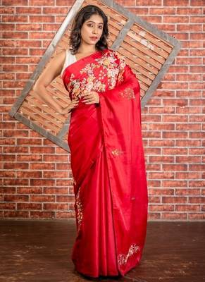 red embroidered tussar silk blend hand embroidery all seasons sarees 1
