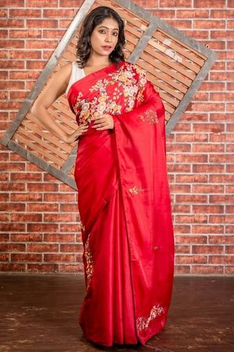 red embroidered tussar silk blend hand embroidery all seasons sarees