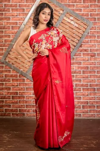 red embroidered tussar silk blend hand embroidery all seasons sarees