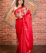 red embroidered tussar silk blend hand embroidery all seasons sarees
