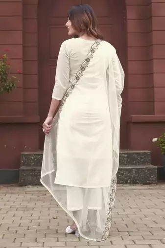 Off white rayon slub embroidered festive wear salwar kameez