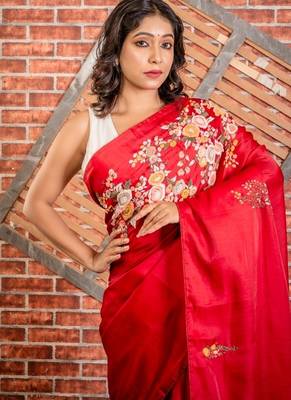 red embroidered tussar silk blend hand embroidery all seasons sarees 2