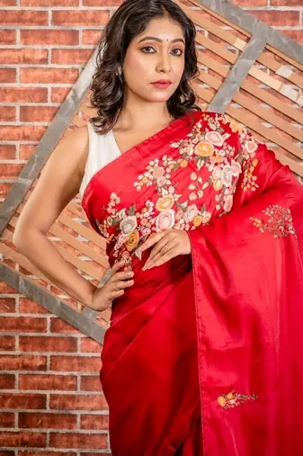 red embroidered tussar silk blend hand embroidery all seasons sarees
