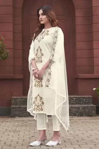 Off white rayon slub embroidered festive wear salwar kameez