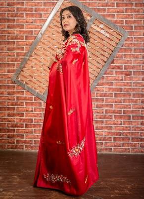 red embroidered tussar silk blend hand embroidery all seasons sarees 3