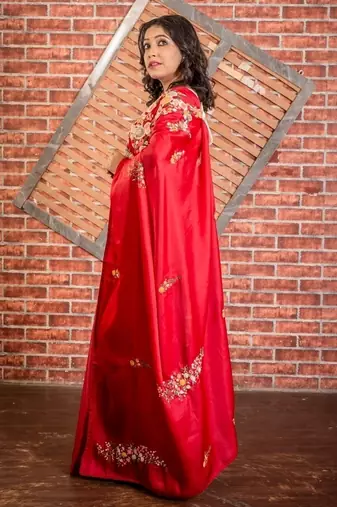 red embroidered tussar silk blend hand embroidery all seasons sarees