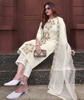 Off white rayon slub embroidered festive wear salwar kameez 4