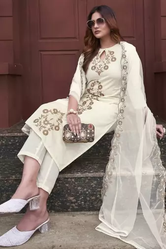 Off white rayon slub embroidered festive wear salwar kameez