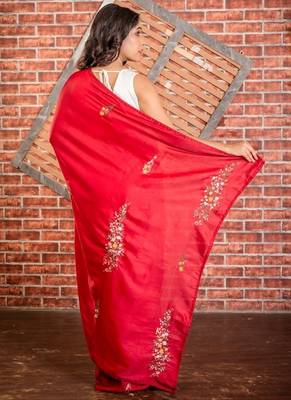 red embroidered tussar silk blend hand embroidery all seasons sarees 4