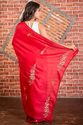 red embroidered tussar silk blend hand embroidery all seasons sarees