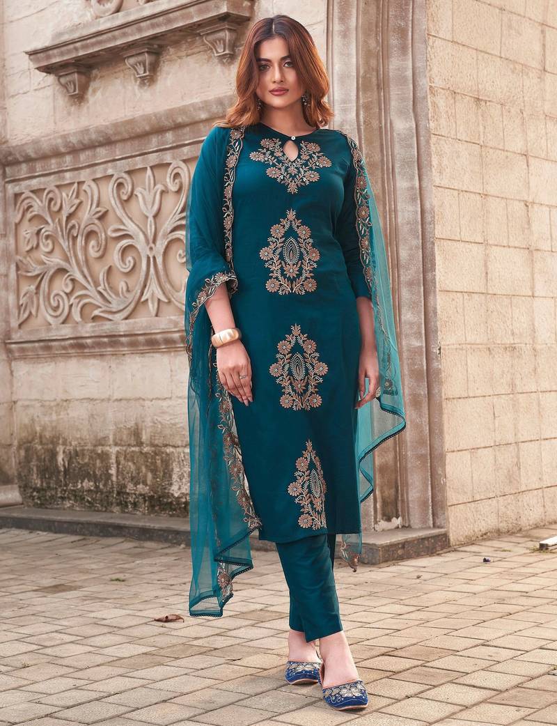 Rama rayon slub embroidered festive wear salwar kameez