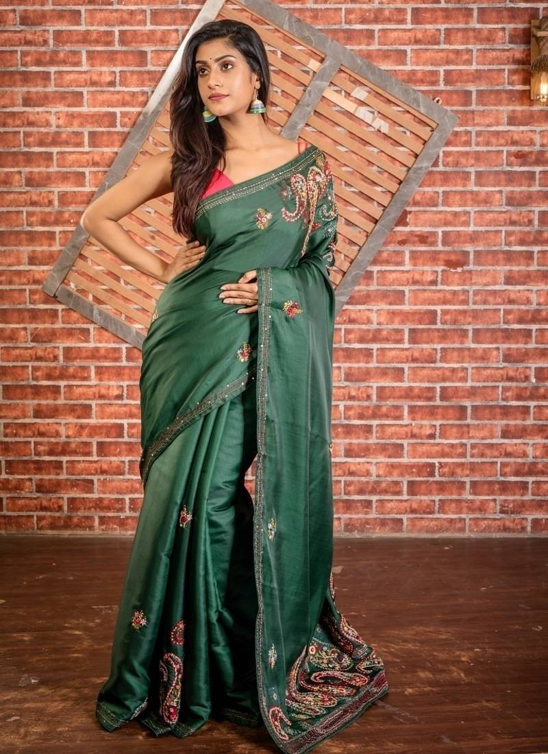 green embroidered tussar silk blend hand embroidery all seasons sarees