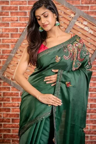 green embroidered tussar silk blend hand embroidery all seasons sarees