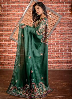 green embroidered tussar silk blend hand embroidery all seasons sarees 3