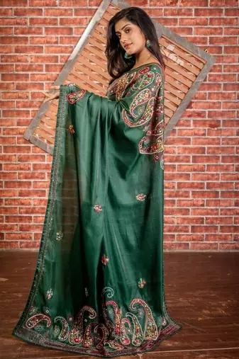 green embroidered tussar silk blend hand embroidery all seasons sarees