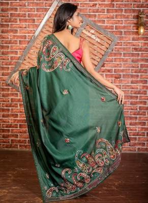 green embroidered tussar silk blend hand embroidery all seasons sarees 4