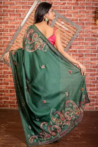 green embroidered tussar silk blend hand embroidery all seasons sarees