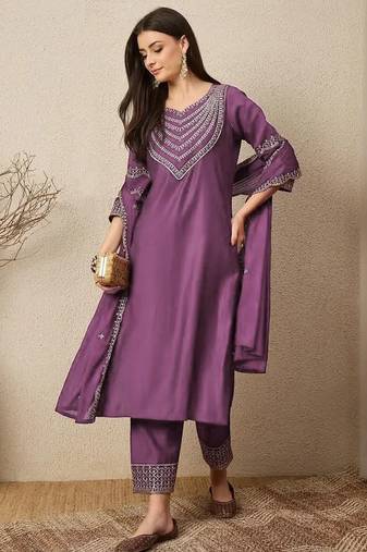 Purple roman silk embroidered festive wear salwar kameez