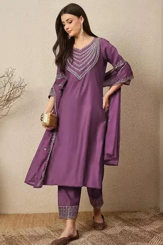 Purple roman silk embroidered festive wear salwar kameez