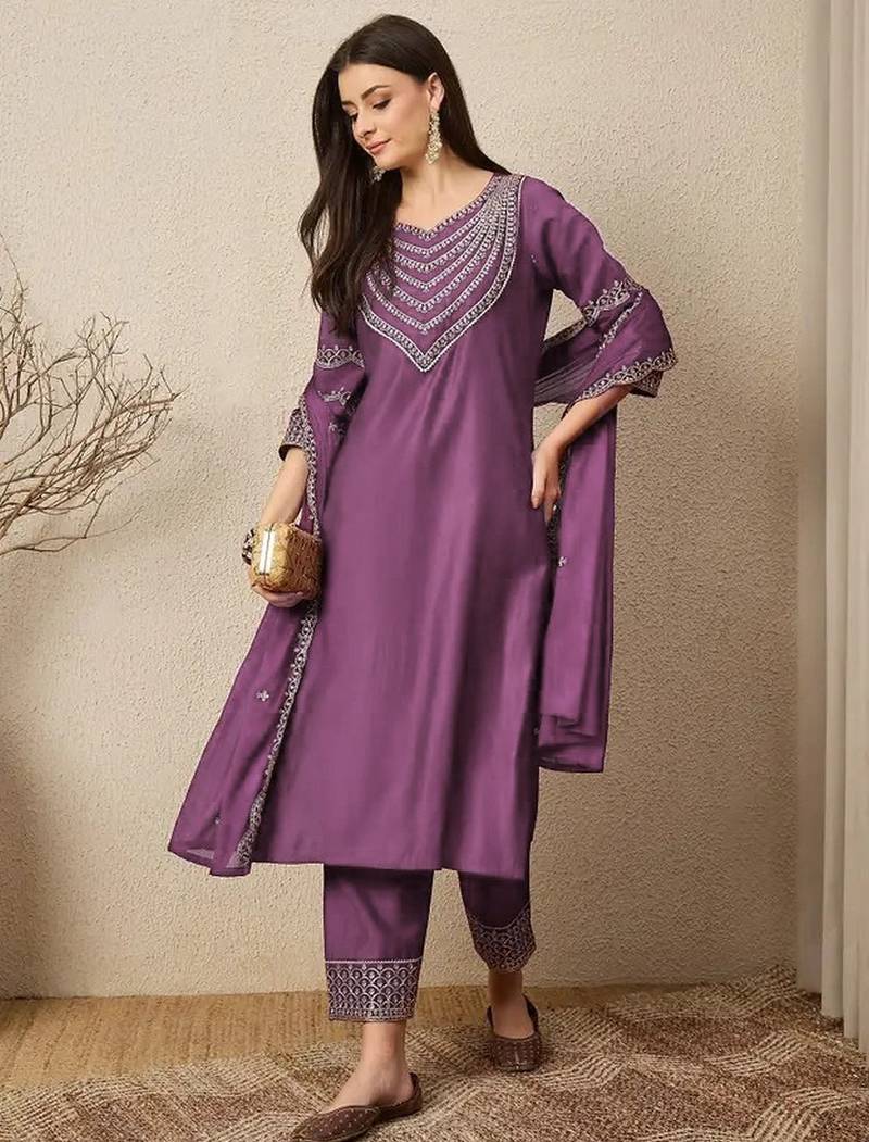 Purple roman silk embroidered festive wear salwar kameez