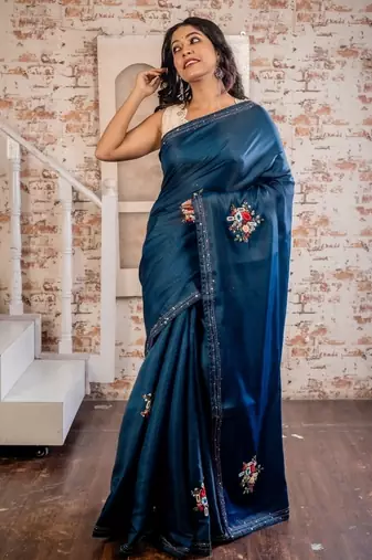 blue embroidered tussar silk blend hand embroidery all seasons sarees