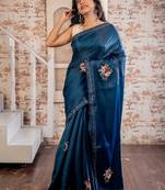 blue embroidered tussar silk blend hand embroidery all seasons sarees