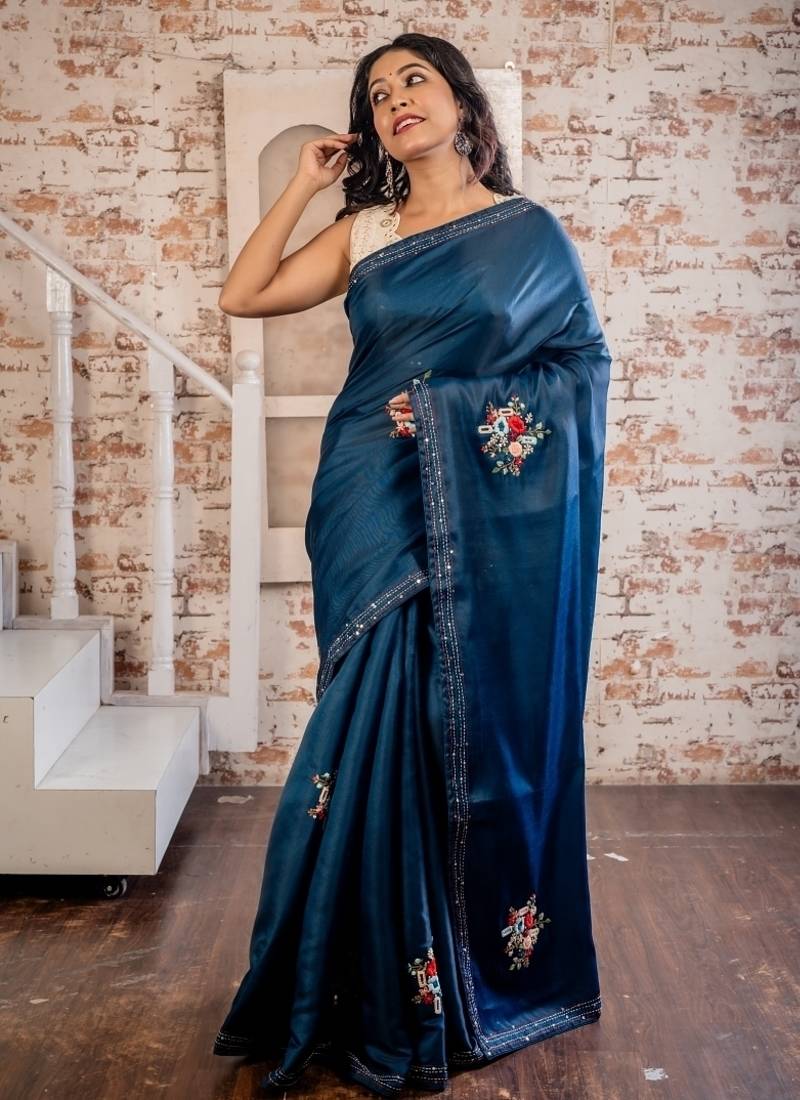 blue embroidered tussar silk blend hand embroidery all seasons sarees
