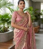 Pink Color Embroidery Work Of Beads & Sequins Work Fendy Satin Silk Blend Saree