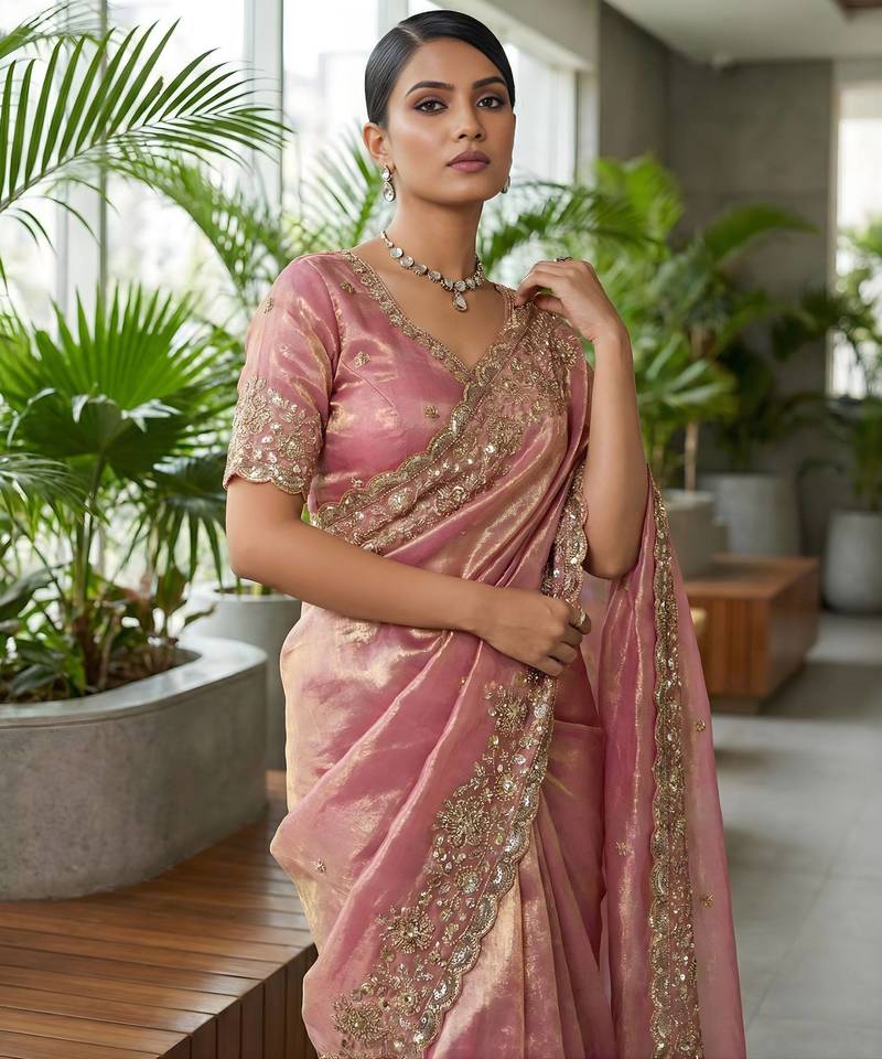 Pink Color Embroidery Work Of Beads & Sequins Work Fendy Satin Silk Blend Saree