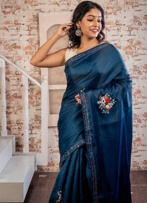 blue embroidered tussar silk blend hand embroidery all seasons sarees 2