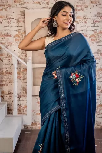 blue embroidered tussar silk blend hand embroidery all seasons sarees