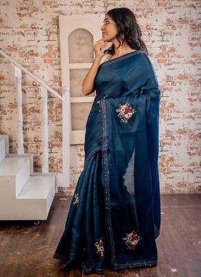 blue embroidered tussar silk blend hand embroidery all seasons sarees 3