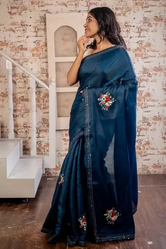 blue embroidered tussar silk blend hand embroidery all seasons sarees