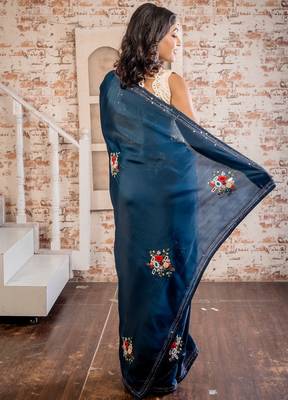 blue embroidered tussar silk blend hand embroidery all seasons sarees 4