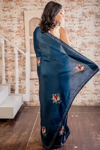blue embroidered tussar silk blend hand embroidery all seasons sarees