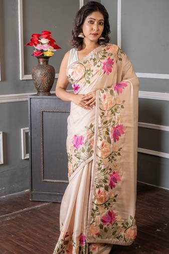 beige embroidered tussar silk blend hand embroidery all seasons sarees