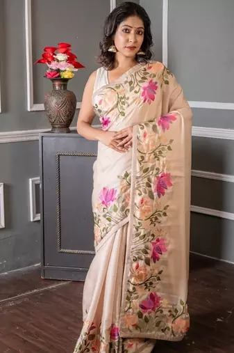 beige embroidered tussar silk blend hand embroidery all seasons sarees