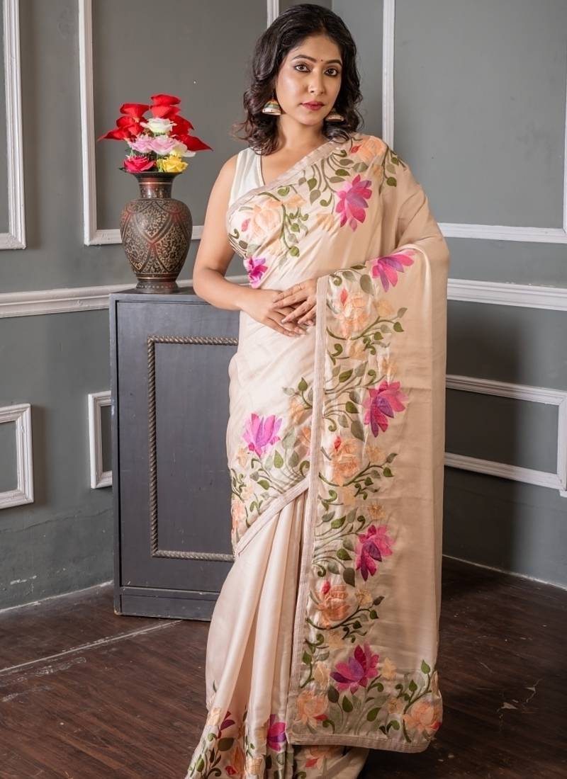 beige embroidered tussar silk blend hand embroidery all seasons sarees