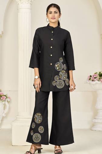Black rayon slub embroidered festive wear salwar kameez